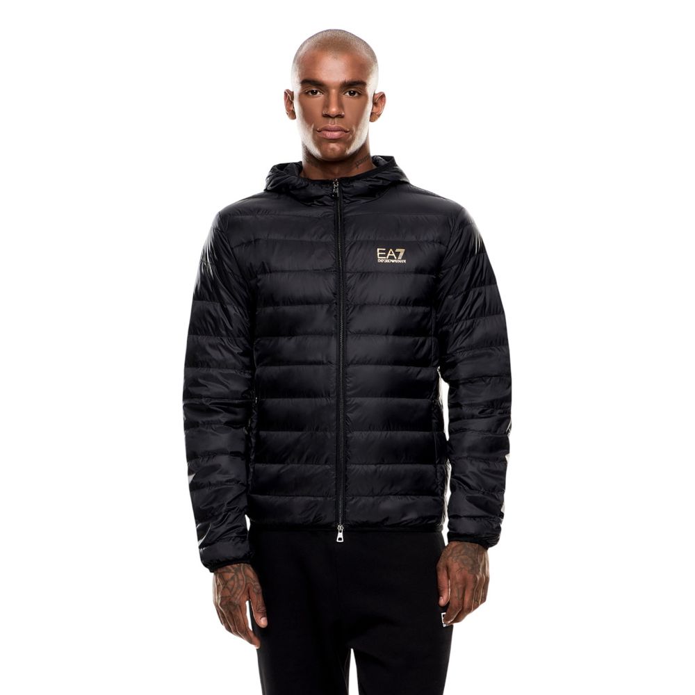 EA7 Emporio Armani Zweifarbige Polyamid-Steppjacke in voller Länge