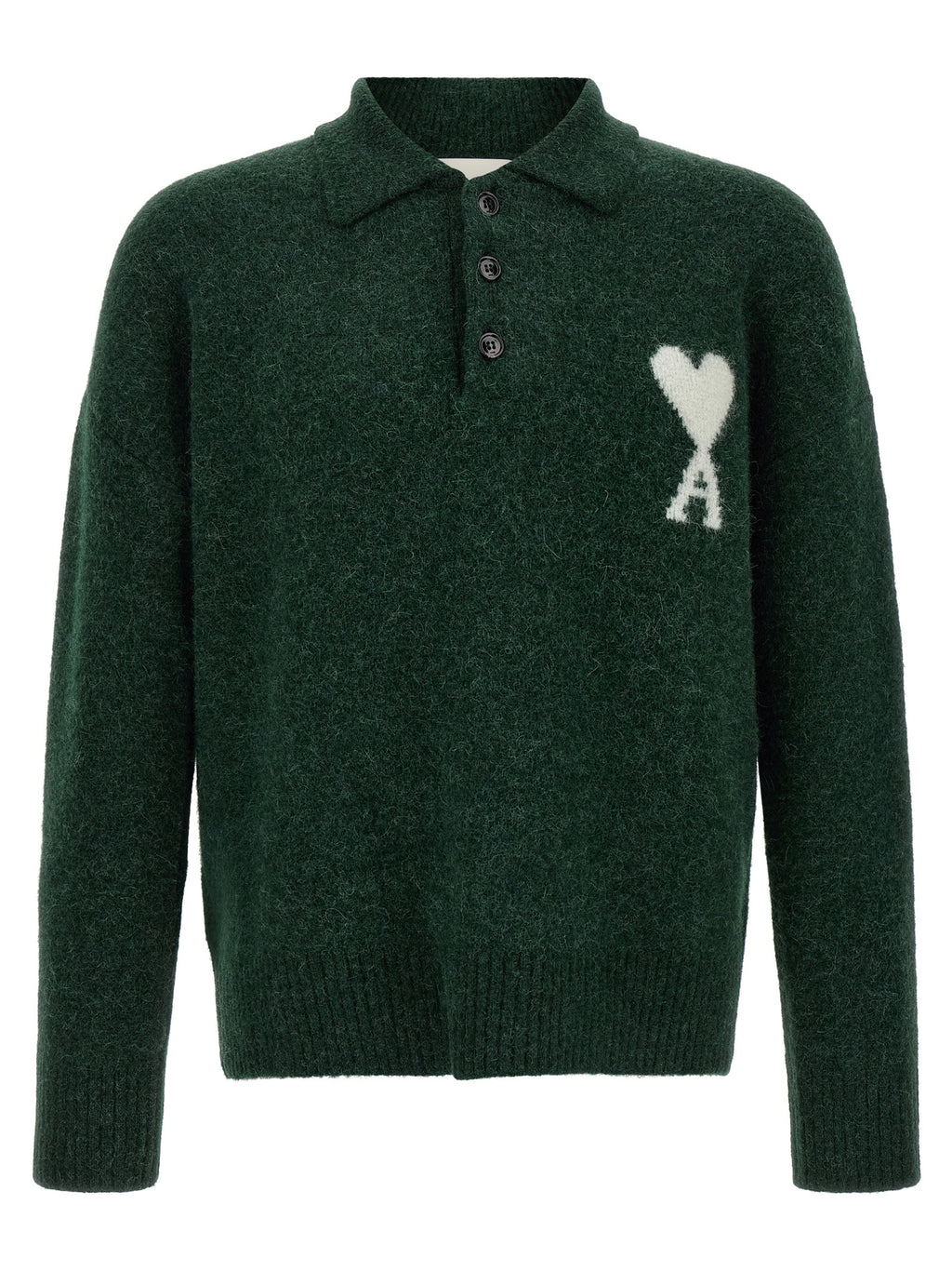 Ami Paris Zweifarbige Polo-Shirt aus Alpakawolle und Leder