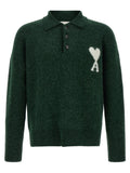 Ami Paris Zweifarbige Polo-Shirt aus Alpakawolle und Leder