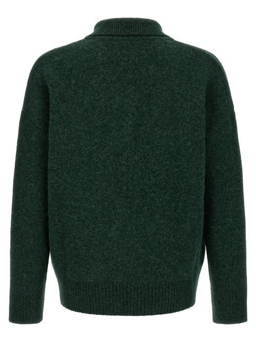 Ami Paris Zweifarbige Polo-Shirt aus Alpakawolle und Leder