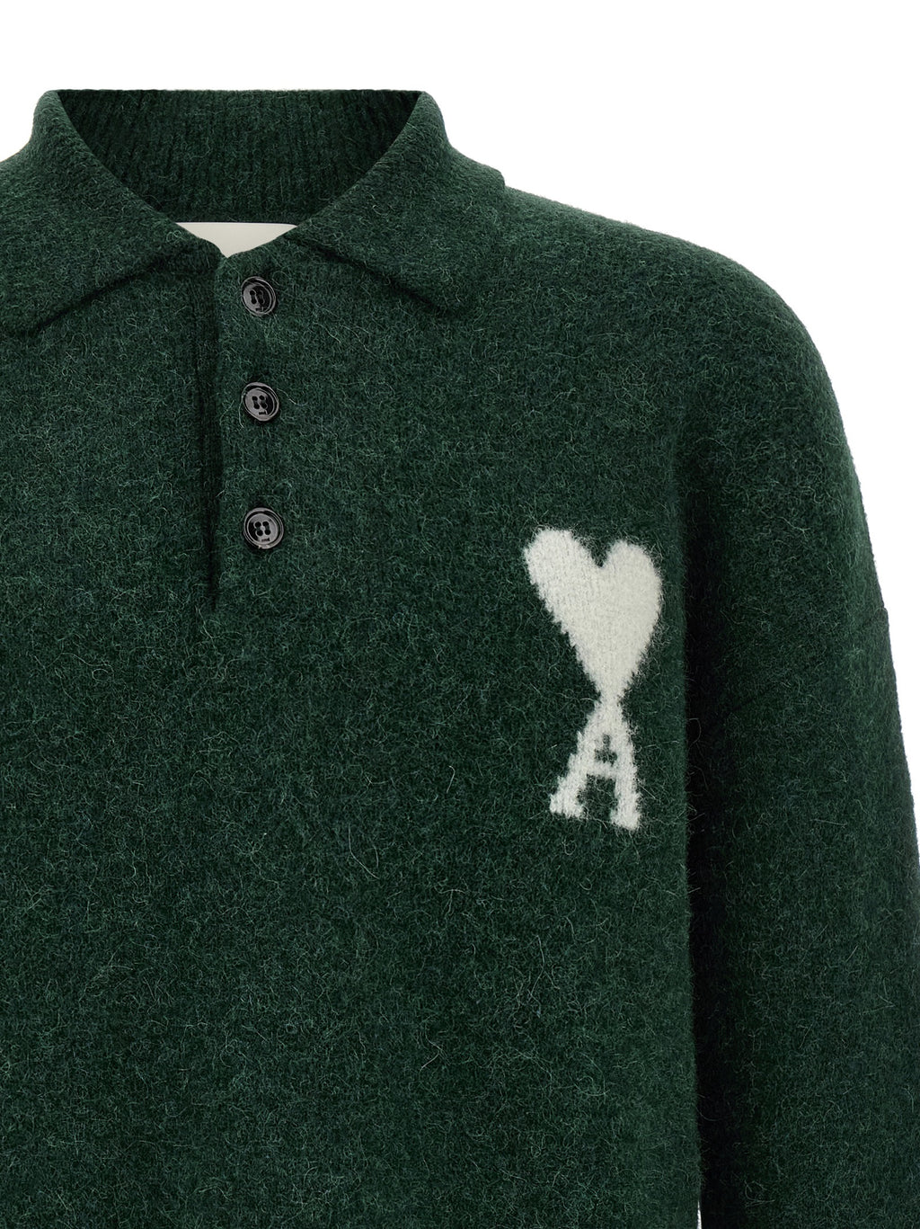 Ami Paris Zweifarbige Polo-Shirt aus Alpakawolle und Leder