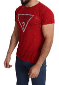 Guess Rotes Baumwoll-Logo Print Männer Casual Top Perforiertes T-Shirt