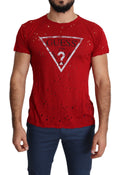 Guess Rotes Baumwoll-Logo Print Männer Casual Top Perforiertes T-Shirt