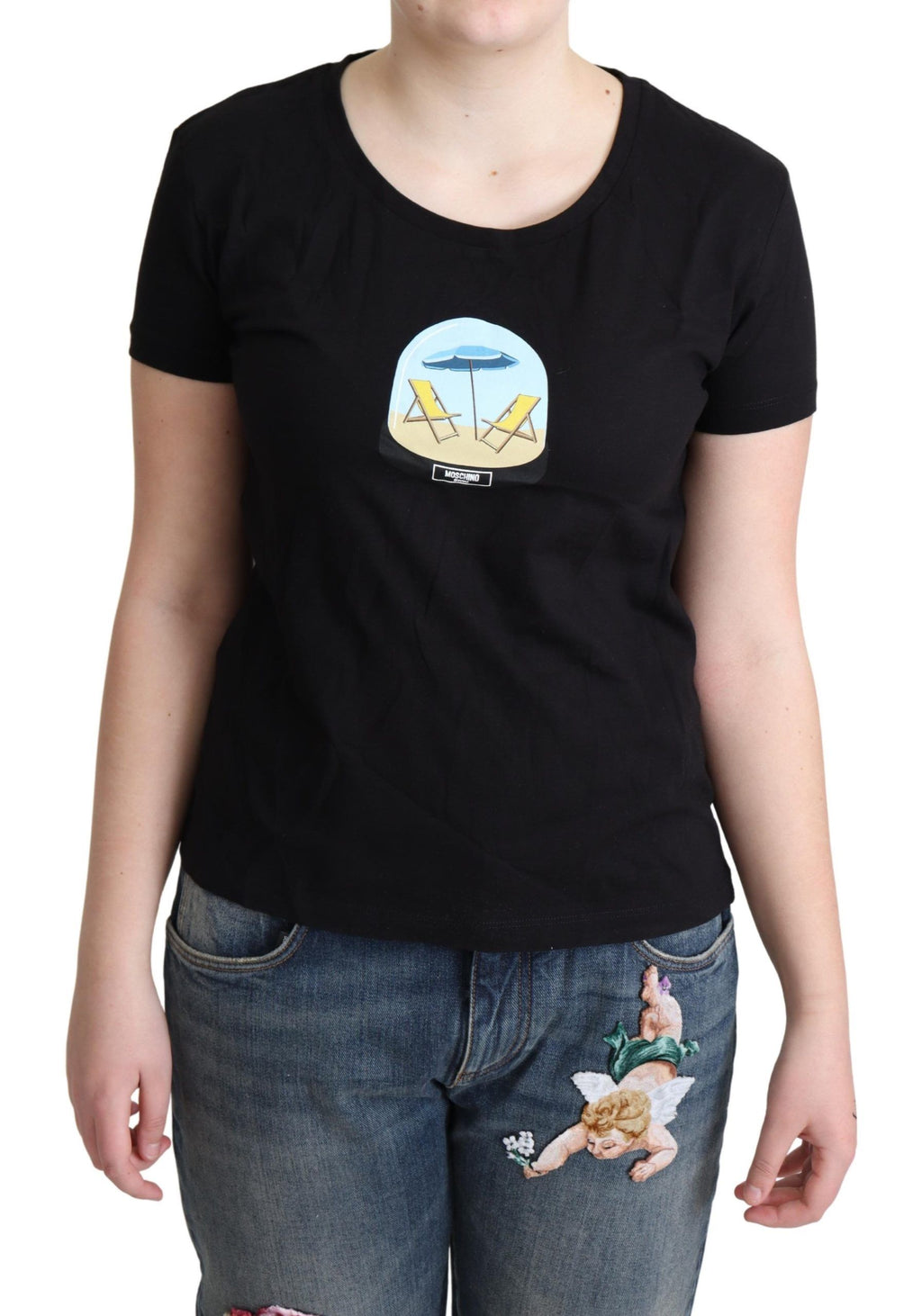 Moschino Schwarzes bedrucktes Baumwoll-T-Shirt mit kurzen Ärmeln