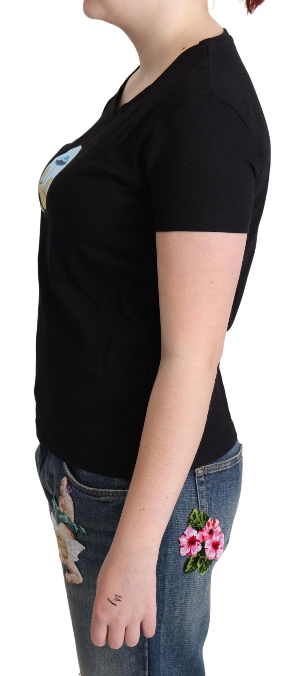 Moschino Schwarzes bedrucktes Baumwoll-T-Shirt mit kurzen Ärmeln