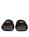 Versace Schwarz Leder Logo Plaque Slip On Slides Flats Schuhe