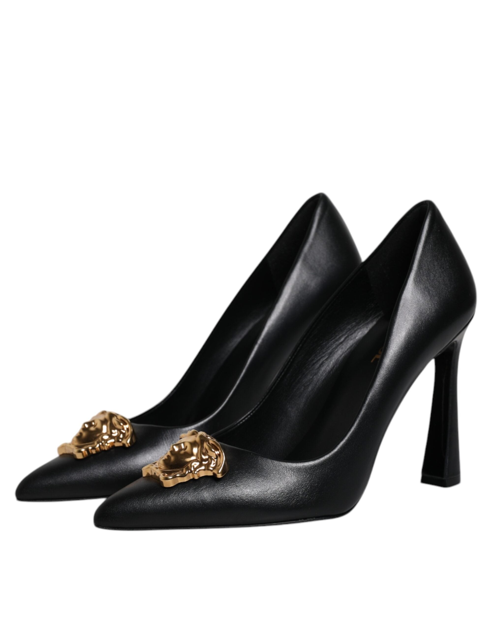 Versace Schwarz Leder Logo Plaque High Heels Pumps Schuhe