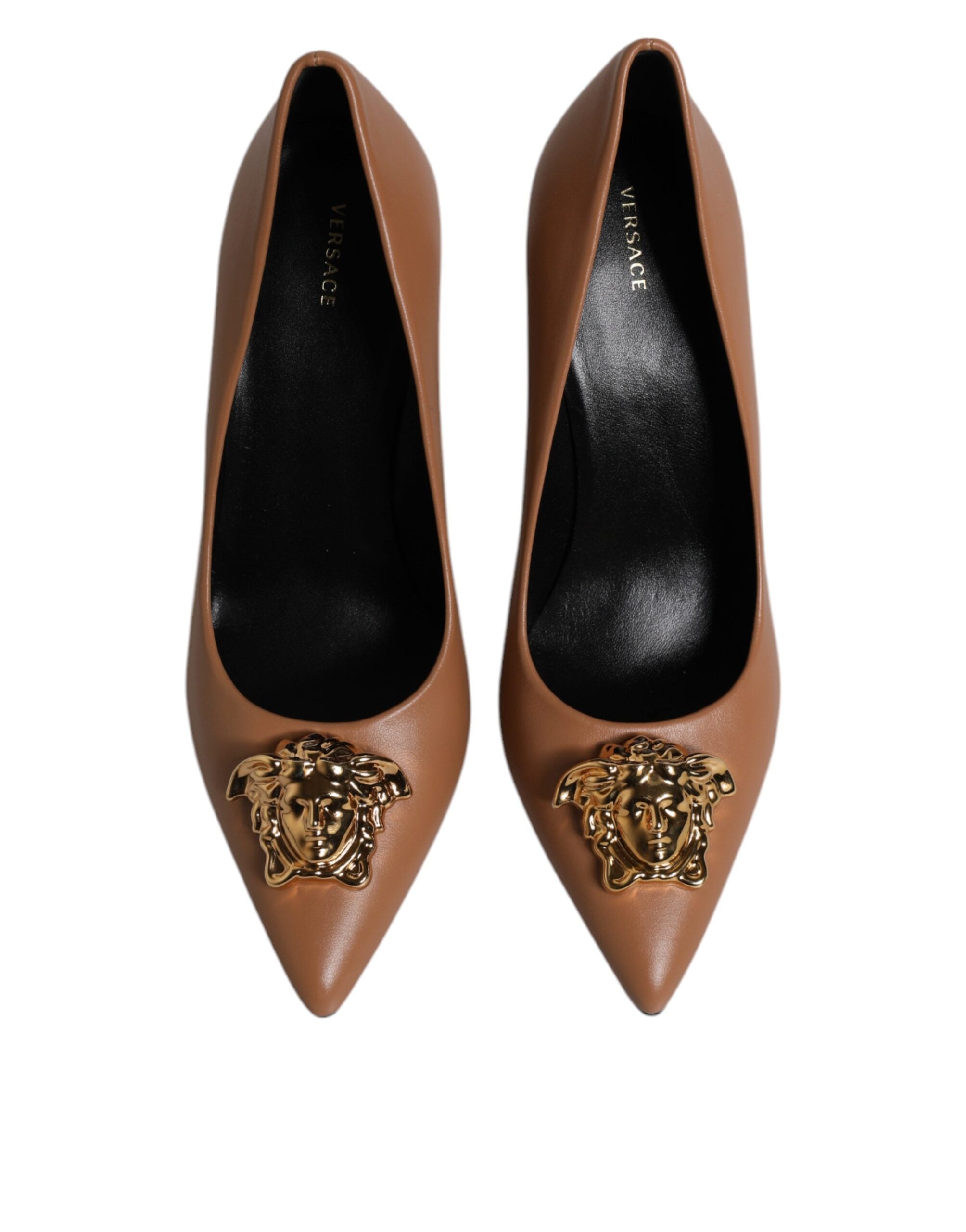 Versace Braun Leder Logo Plaque High Heels Pumps Schuhe